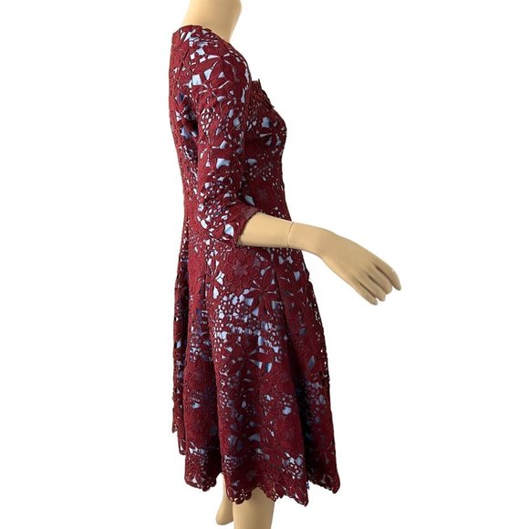 Miri New York Fit Flare Dress Blue Burgundy Floral Lace Overlay Size 6 - Picture 3 of 14